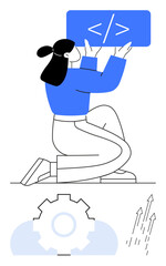 Woman kneeling with coding tag over gear mechanism and arrows symbolizing development, progress, and innovation. Ideal for coding, programming, technology, teamwork, growth, digital transformation