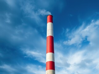 Red and White Chimney Against Dark Clouds