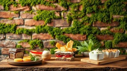 Rustic Moss-Covered Brick Wall with Sweet and Savory Food Display