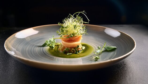 Exquisite appetizer plated with artistic flair, microgreens garnish, high-end restaurant set