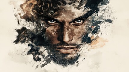 A detailed portrait of a man with animalistic and artistic elements