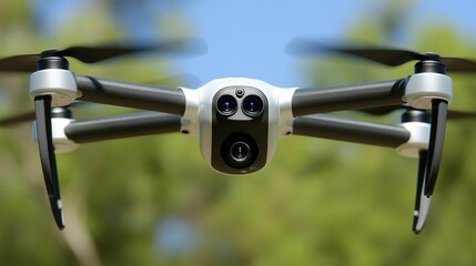 Drone hovering, capturing footage, outdoors, blurred foliage background