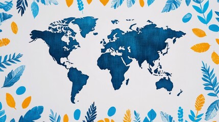 Naklejka premium Colorful world map illustration framed by vibrant leaves and foliage, capturing a global theme with a cheerful ambiance