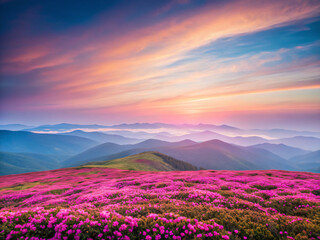 sunset in the mountains. landscape, sunset, sky, mountain, nature, sunrise, field, mountains, flower, summer, sun, morning, lavender, cloud, spring, meadow, purple, grass, hill, view, clouds, beauty, 