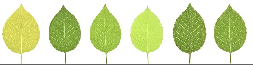 Obraz premium A series of leaves, showing the range of color during leaf senescence on a white background for educational uses