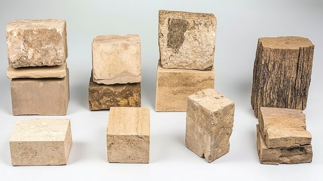 A diverse assortment of textured stone blocks displayed in a visually appealing arrangement on a neutral background
