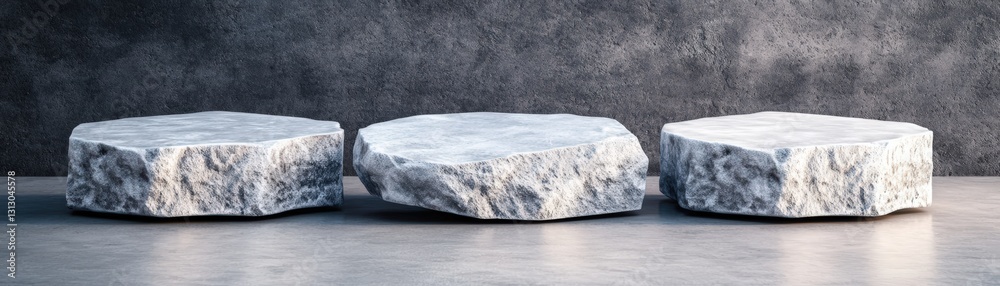 Poster three solid concrete blocks arranged on a table in a minimalist setting with a focus on texture and 