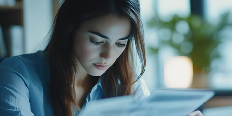Businesswoman reading report at desk in office | Woman working at desk reading paper documents
