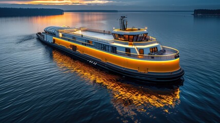 Fototapeta premium A modern boat illuminated at sunset, reflecting on calm waters, showcasing design and leisure.