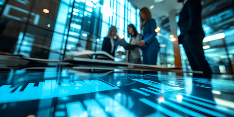 Business team working together on digital table | Group discussing financial charts and data analysis
