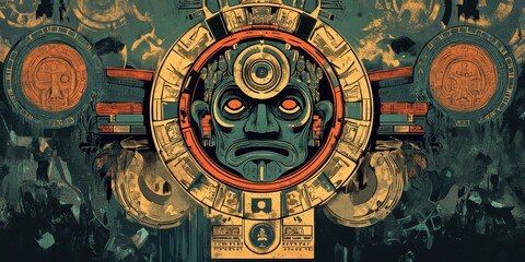 A stylized illustration of a central face within a circular frame