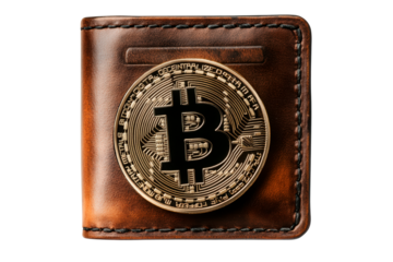 A leather wallet with a gold bitcoin isolated on transparent background