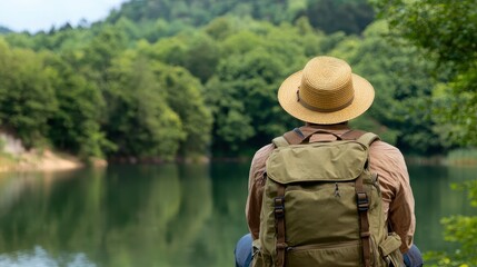 Man with backpack and hat enjoying the view of a lake surrounded by trees. Concept of travel, nature, and outdoor activities.