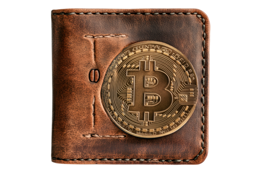 A leather wallet with a gold bitcoin isolated on transparent background