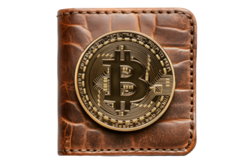 A leather wallet with a gold bitcoin isolated on transparent background