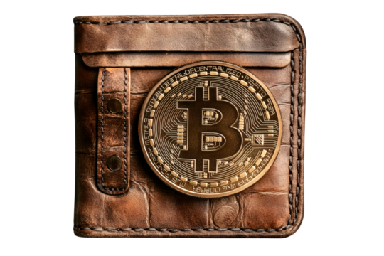 A leather wallet with a gold bitcoin isolated on transparent background