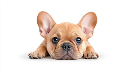Fototapeta premium A French Bulldog lying down with its signature bat ears and compact frame, exuding charm and relaxation, against white.