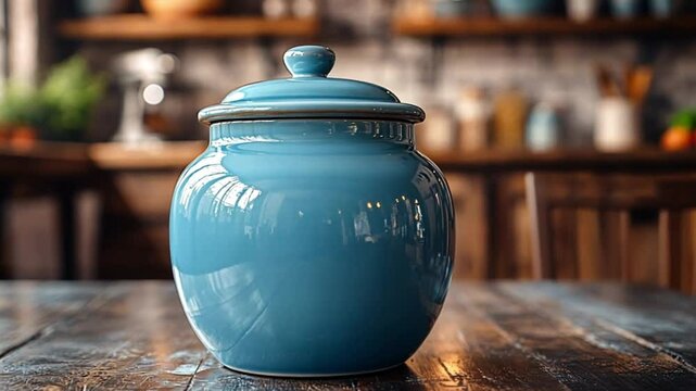 Blue ceramic jar on rustic wooden table. Kitchenware, home decor