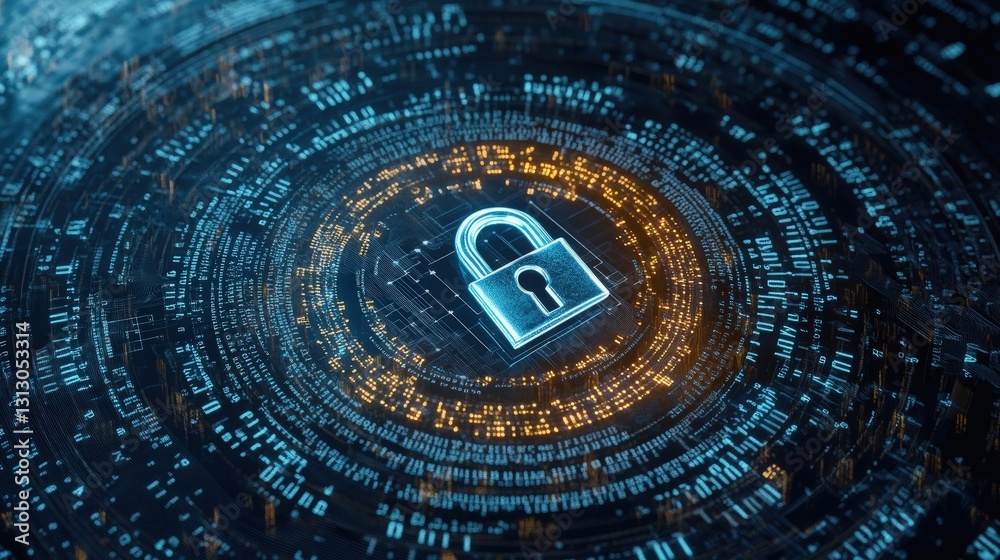 Poster secure padlock on a computer signifying data protection and alerting users to potential cyber securi