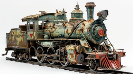 Fototapeta premium Vintage steam locomotive model with rust and weathered paint, showcasing intricate details and historical design elements