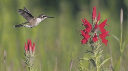 Fototapeta premium Hummingbird flies towards red flower in sunny meadow