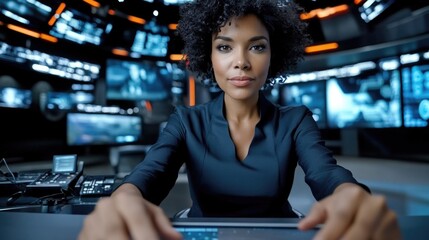 Fototapeta premium Live broadcast: TV anchor, newsroom mock-up, chroma key, cable network, evening news, presenter updates, business report, economic trends, science segment, political insights, television studio .