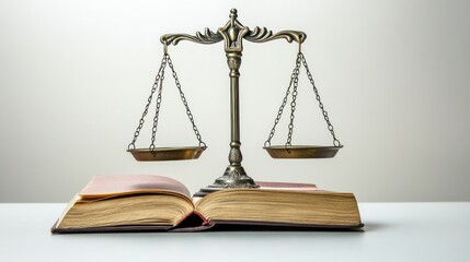 Justice scales resting on open book, symbolic of law and balance, office use