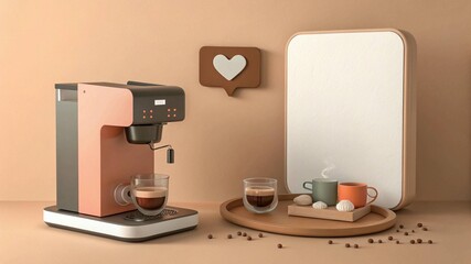 3d illustration of coffee machine with glass clock and mugs, time for coffee banner. Render Illustration.
