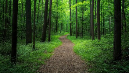 Obraz premium Sun Dappled Forest Path Lush Green Canopy and Winding Trail