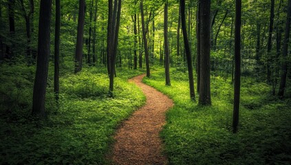 Obraz premium Sun Dappled Path Through Lush Green Forest