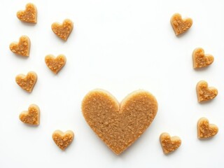 Fototapeta premium Heart shaped brown sugar arranged neatly on a white table, sugar, cooking ingredient, romantic