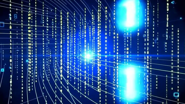 Abstract digital data stream with glowing binary code lines in a futuristic setting