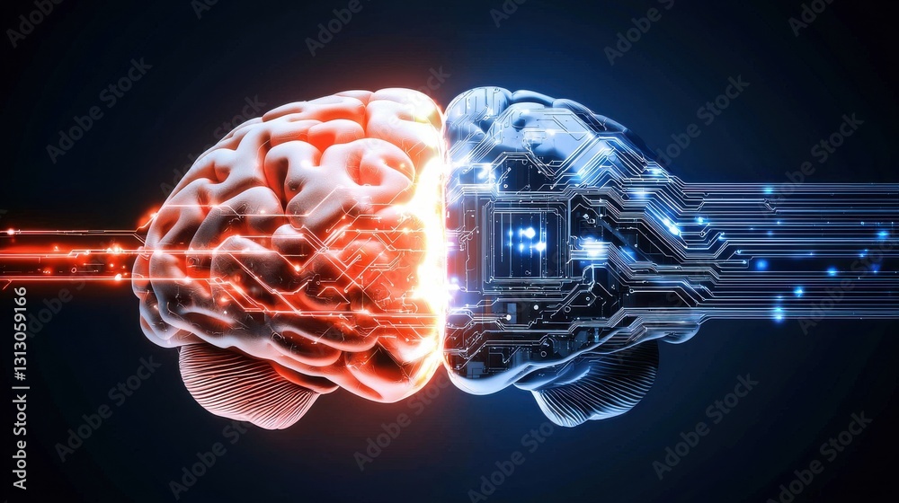 Fototapete two brains are shown in a split image, one with a red and white color scheme