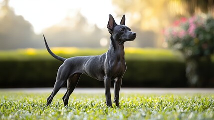 A Xoloitzcuintli standing elegantly, its hairless skin smooth and sleek, highlighting its minimal grooming needs, against a clean white background.