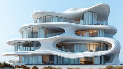A modern, fluid architectural design featuring organic shapes and extensive glass elements.