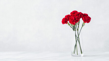 Obraz premium Elegant red carnations in glass vase against minimalist background