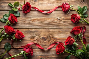 Romantic Red Roses and Ribbon on Rustic Wooden Background A Festive Floral Arrangement