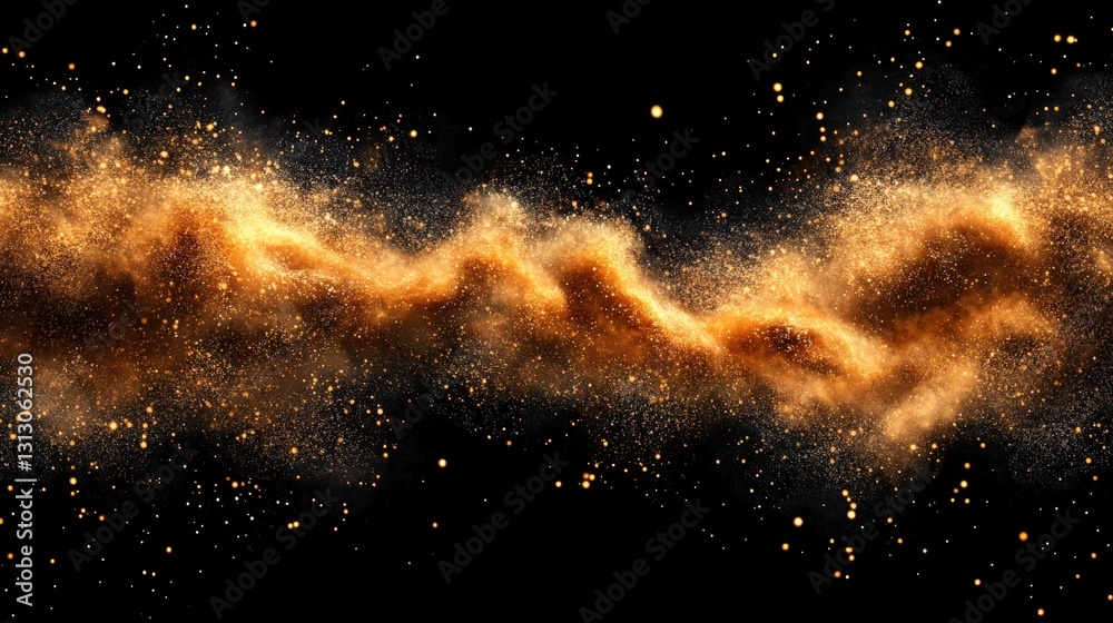 Poster explosive gold powder creating a striking visual display of color and energy in an artistic and dyna