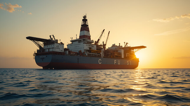 Massive offshore floating production storage and offloading FPSO unit operating in calm azure ocean under a vibrant golden sunset sky  Robust industrial design with sleek functional aesthetic