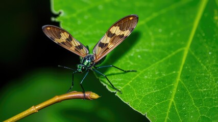Obraz premium Insect with metallic green body and spotted wings sitting on a small twig resting against a large green leaf, insect anatomy, insect on twig, natural focus