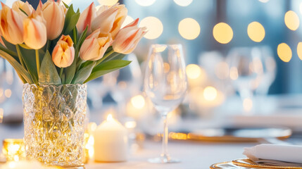 Elegant tulip centerpiece with candles and glasses in soft bokeh light