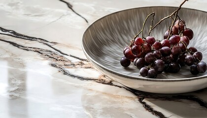 Red Grapes in Gray Bowl on Marble Surface
