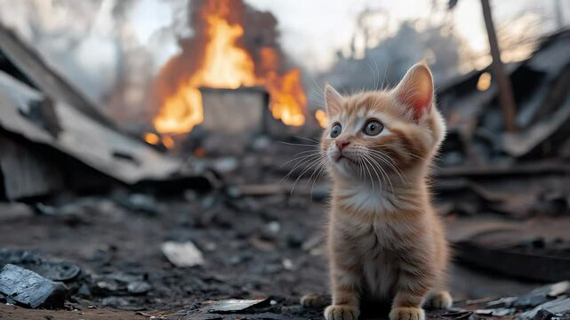 Curious kitten exploring a burnt landscape with flickering flames in the background