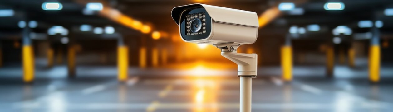 Photo realistic high-tech ip security camera mounted in modern building for surveillance and safety monitoring solutions