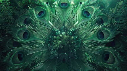 Fototapeta premium Vibrant peacock feather design with intricate patterns and rich green hues, creating a mesmerizing visual effect