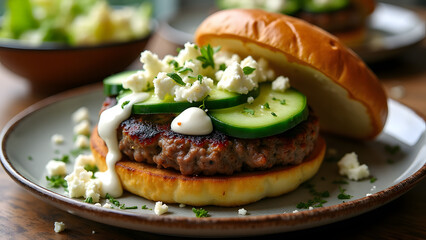A Greek burger with feta, cucumbers, and tzatziki, served with Greek salad. Presented on a rustic plate with warm lighting for a fresh, inviting, and Mediterranean-inspired presentation.