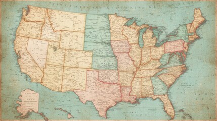 Antique map of the United States of America. Vintage style map showing states, cities, and geographical features.