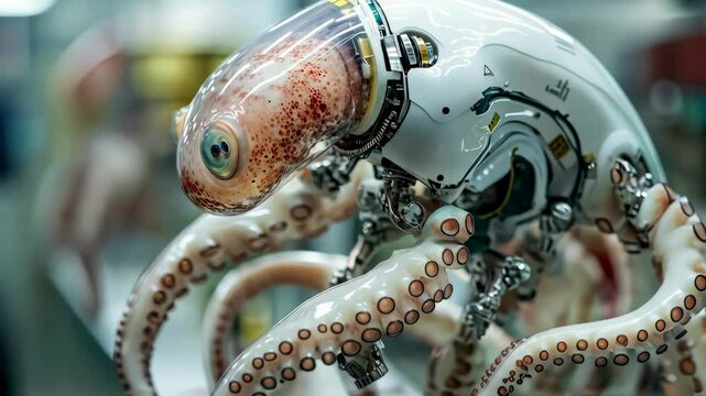Futuristic octopuslike robotic movement in a hightech laboratory setting