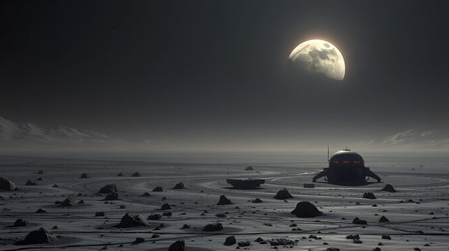 An expansive lunar landscape with a futuristic lunar base and Earthrise in the background, Space colonization style, photo of - Powered by Adobe