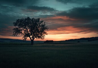 Fototapeta premium Serene Sunset Landscape with Majestic Tree Silhouette Against Colorful Sky and Calm Meadow in Tranquil Nature Setting